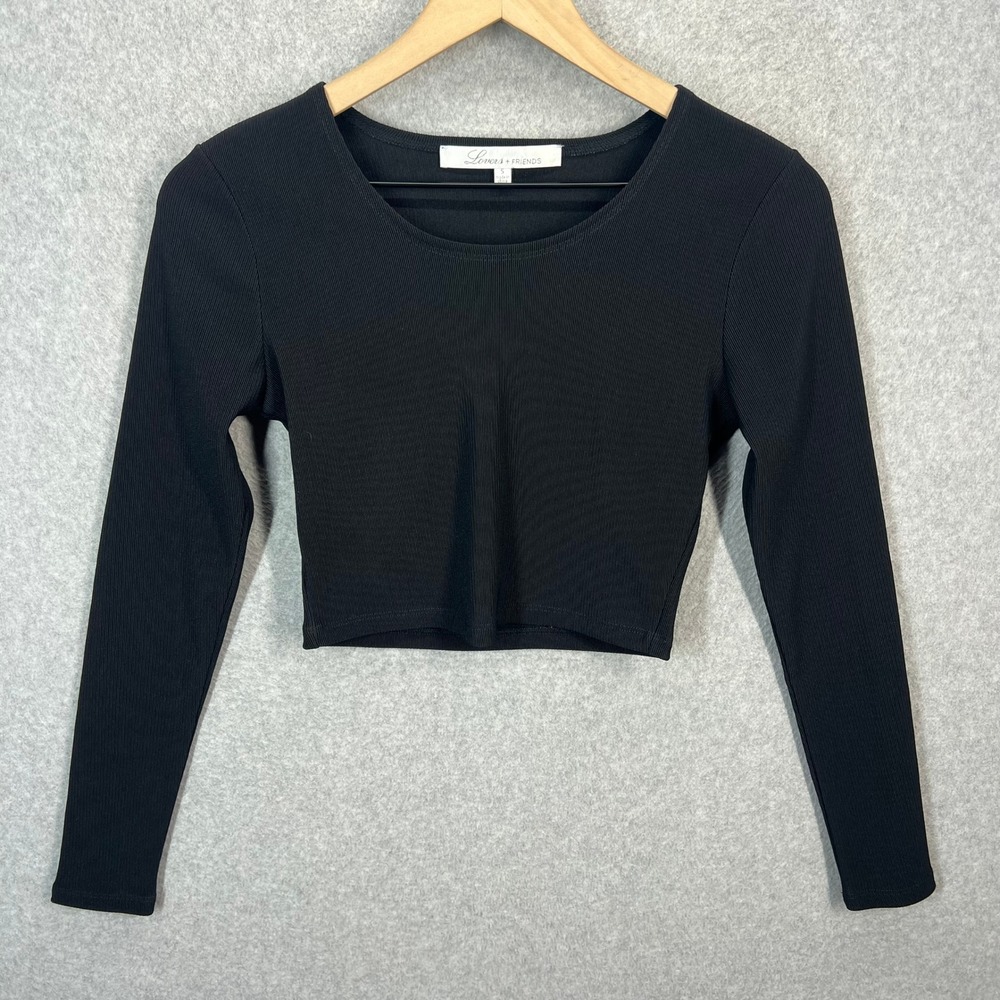Lovers + Friends Crop Top Women S Black Ribbed Long Sleeve Scoop Neck EUC